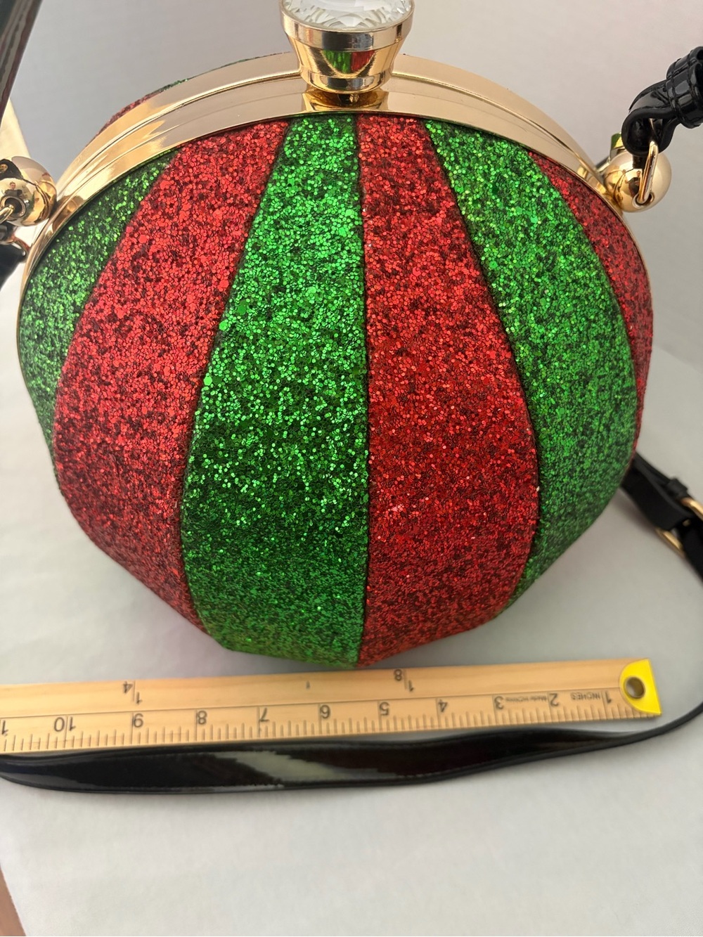 Christmas Ornament Purse Red Green Glitter Round Hard Case Crossbody Bag - Picture 13 of 13